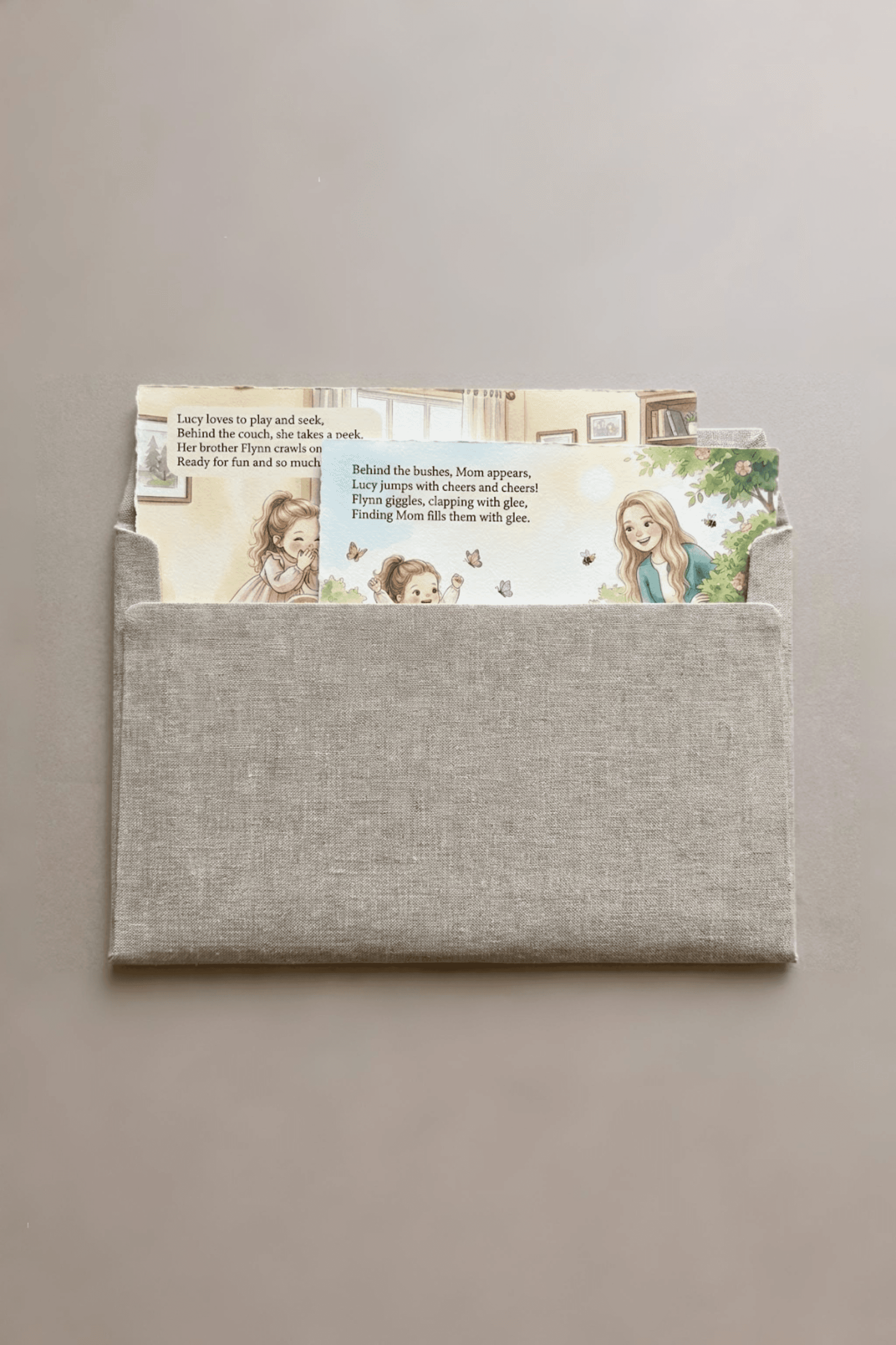 Storybook pages in a linen sleeve, new chapters delivered